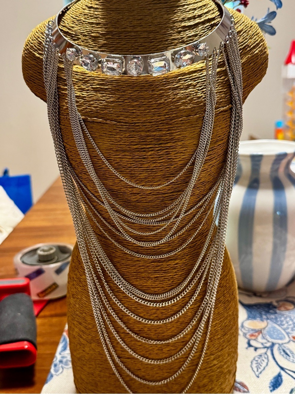 Silver Multi-Layer Chain Statement Necklace with Crystal Accents